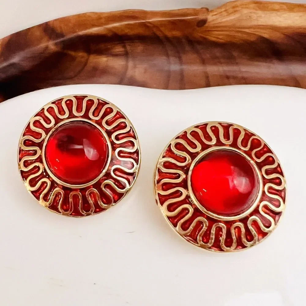 Vintage Galleria Gripoix Earrings Clip On Red Glass Enamel Gold Tone Round 4619